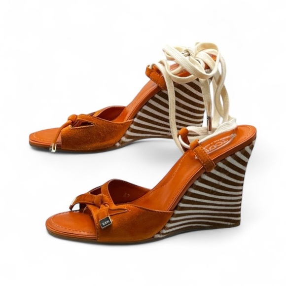 TOD’S Orange & Beige Espadrille Wedge Heels Italian Suede & Patent Leather NWT - Picture 5 of 16